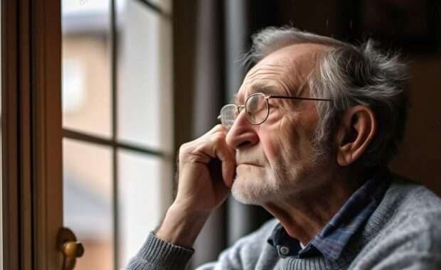 asian elderly senior male or depressed grandpa at nursing home living room on quarantine looking out window feeling sad in Northern Virginia