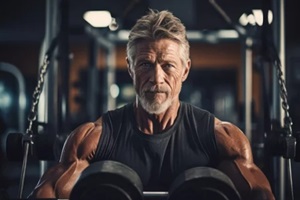 elderly athlete doing dumbbell exercise