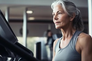 mid age woman, working on a fitness equipment in fitness studio