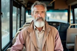 contemplative mature man sits on a public bus gazing directly at the camera