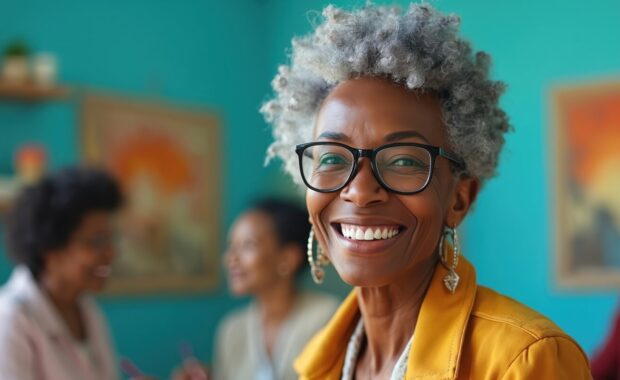 smiling senior black woman leads hip hop art class